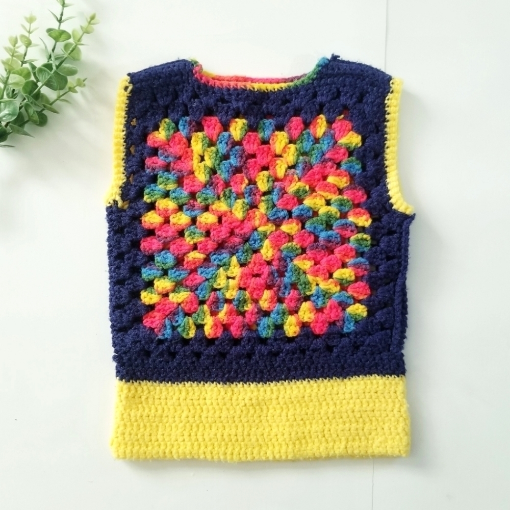 Bohemian Vintage Grandma Handmade Knit Crocheted Multicolor Vest fits 4-6 yrs.